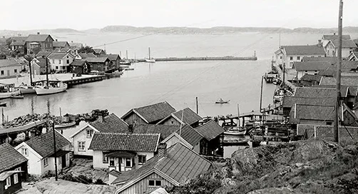 Gammalt fotografi av fiskeläget Grundsund med hamn och trähus